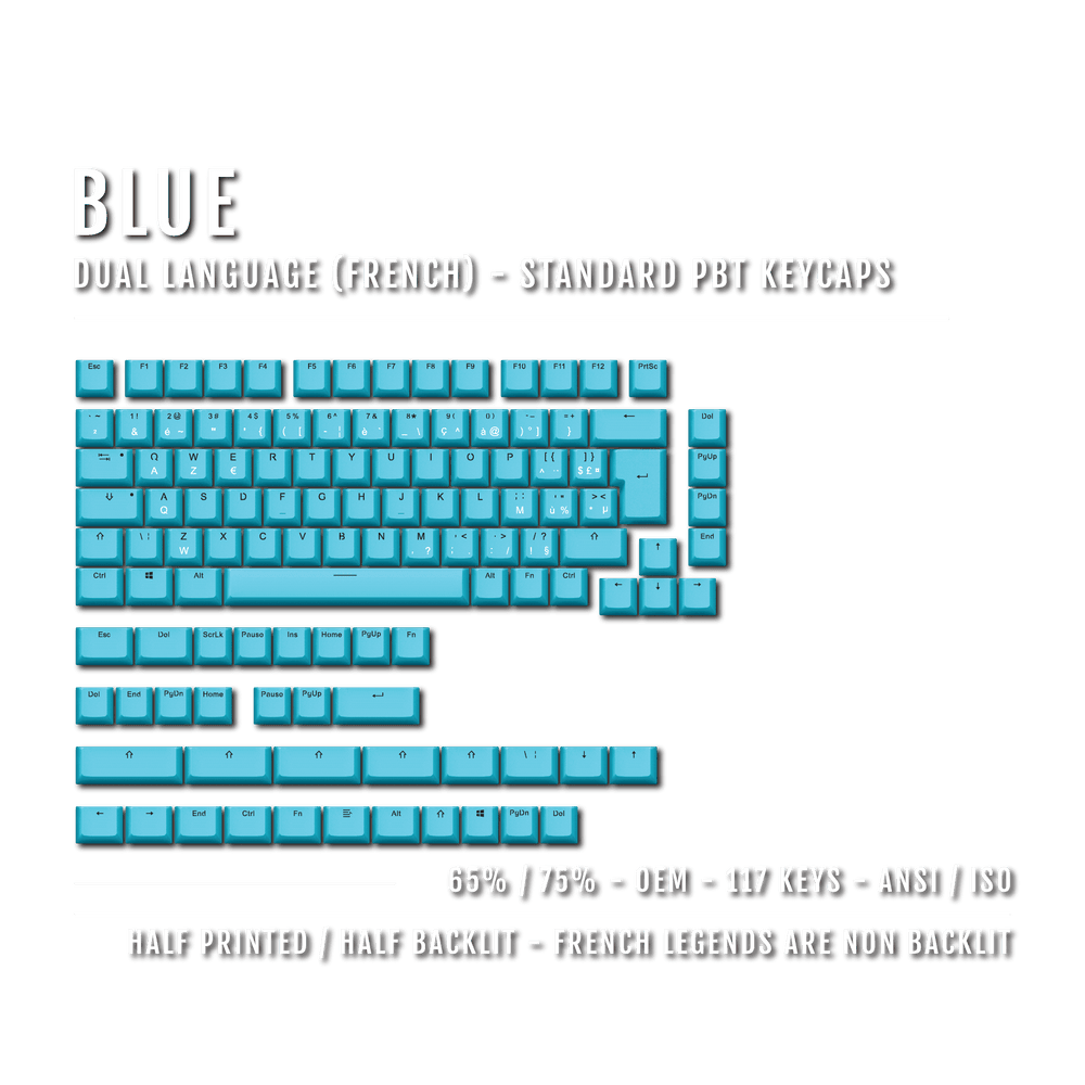 Blue PBT French Keycaps - ISO-FR - 65/75% Sizes - Dual Language Keycaps - kromekeycaps