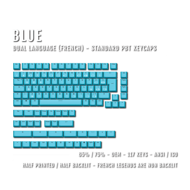 Blue French (ISO-FR) Dual Language PBT Keycaps - 65/75% Krome Keycaps LTD french