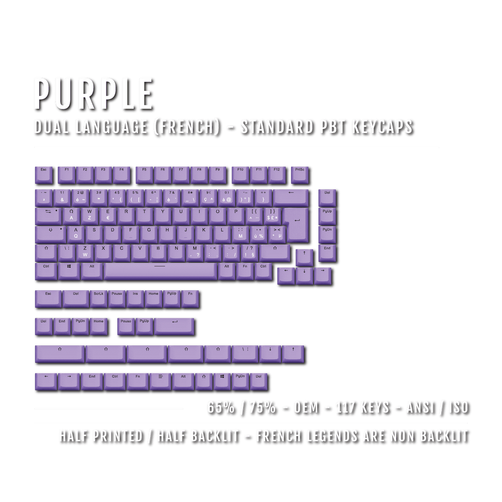 Purple French (ISO-FR) Dual Language PBT Keycaps - 65/75% Krome Keycaps LTD french