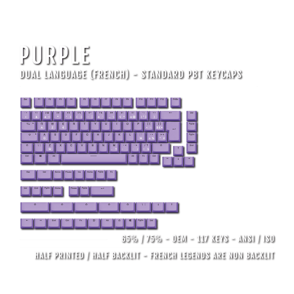 Purple PBT French Keycaps - ISO-FR - 65/75% Sizes - Dual Language Keycaps - kromekeycaps