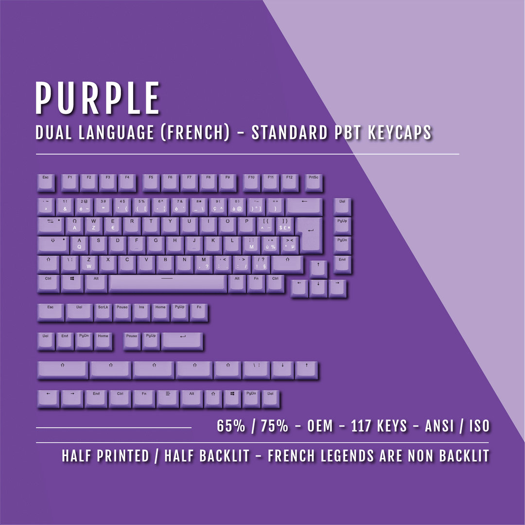 Purple PBT French Keycaps - ISO-FR - 65/75% Sizes - Dual Language Keycaps - kromekeycaps