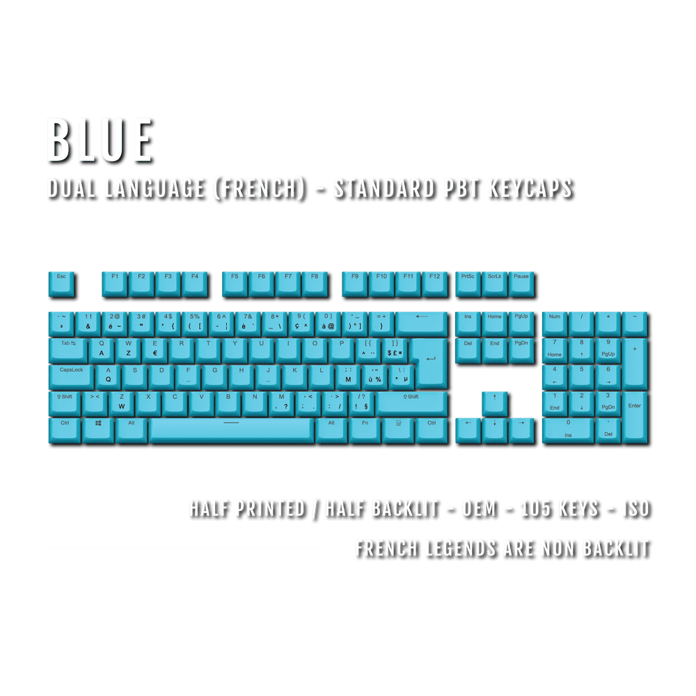 Blue PBT French Keycaps - ISO-FR - 100% Size - Dual Language Keycaps - kromekeycaps