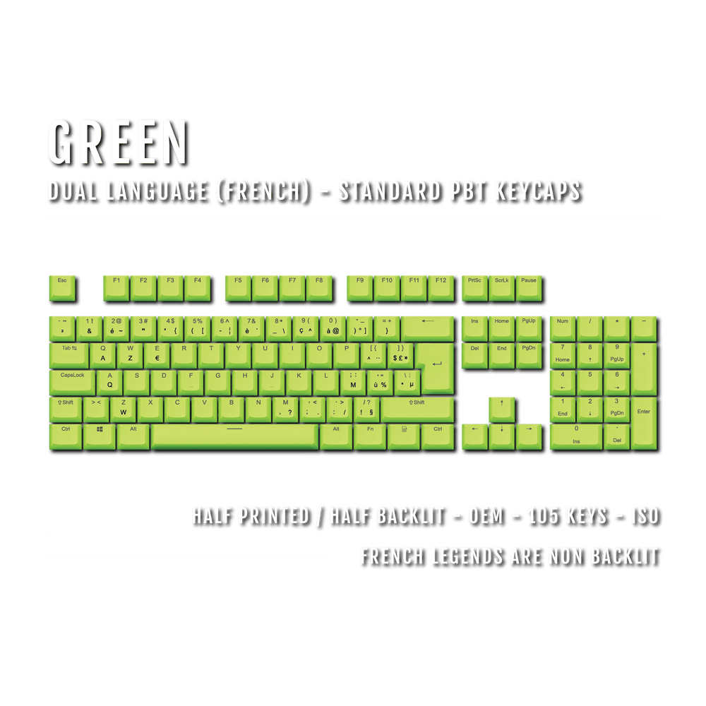 Green PBT French Keycaps - ISO-FR - 100% Size - Dual Language Keycaps - kromekeycaps