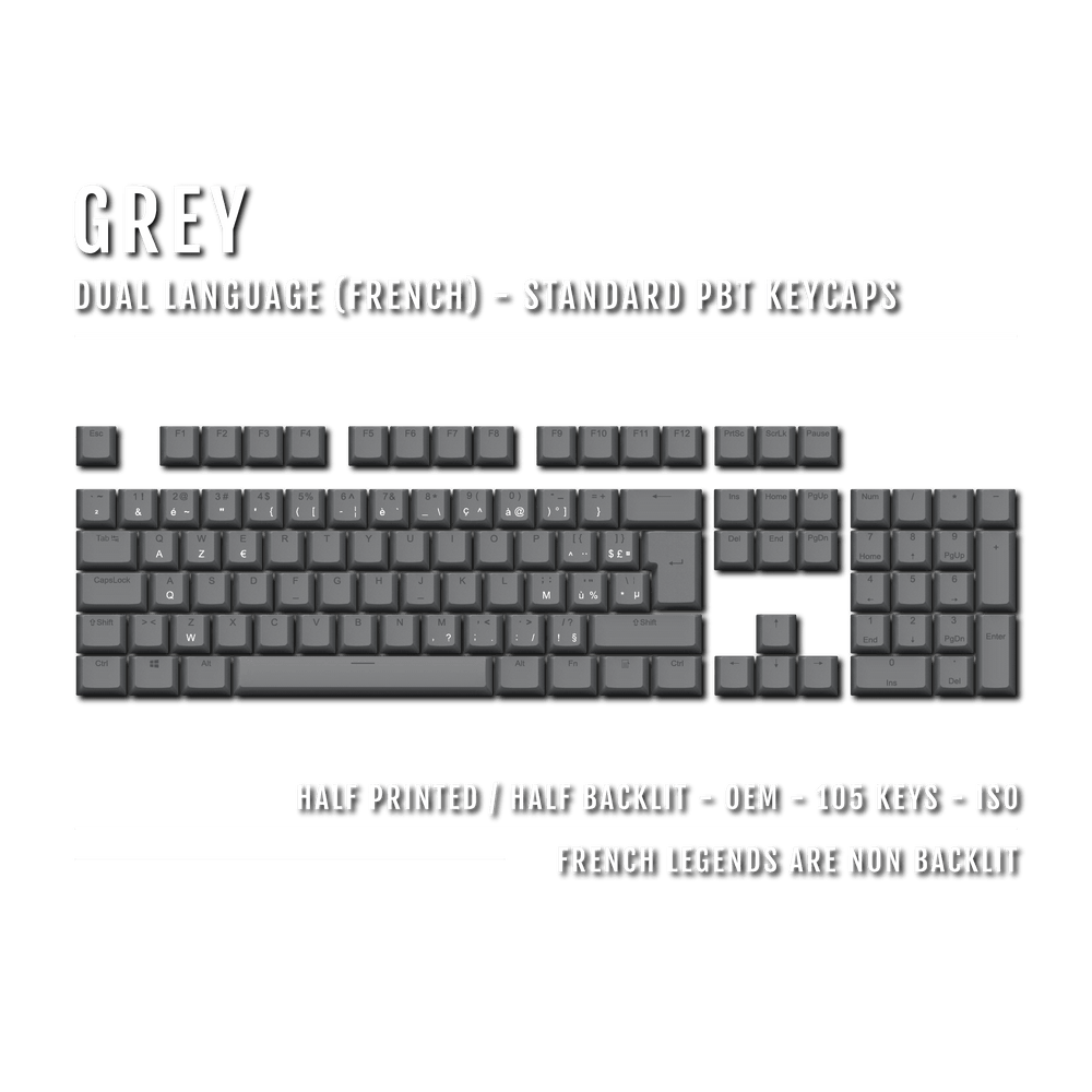 Grey PBT French Keycaps - ISO-FR - 100% Size - Dual Language Keycaps - kromekeycaps