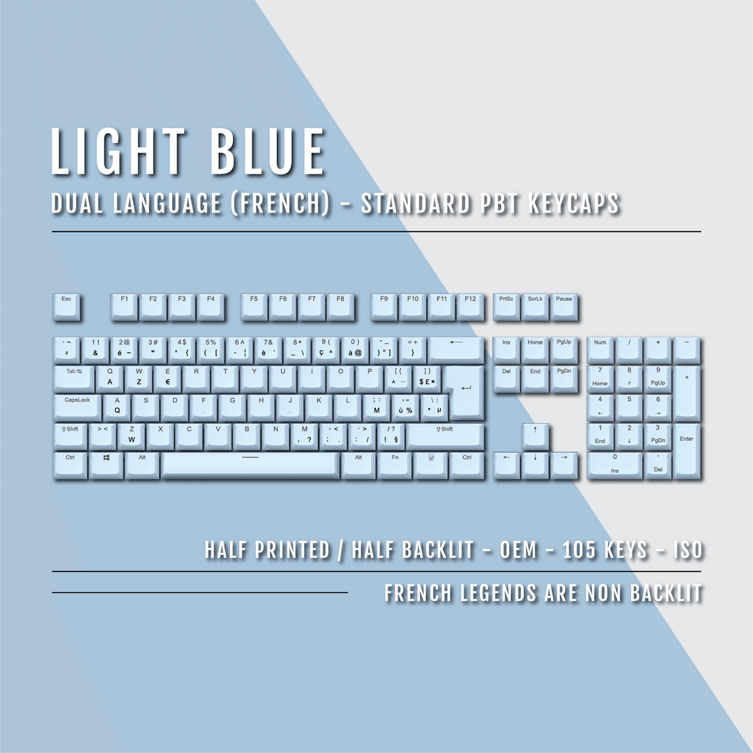 Light Blue PBT French Keycaps - ISO-FR - 100% Size - Dual Language Keycaps - kromekeycaps
