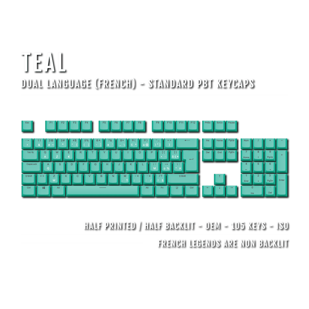 Teal PBT French Keycaps - ISO-FR - 100% Size - Dual Language Keycaps - kromekeycaps