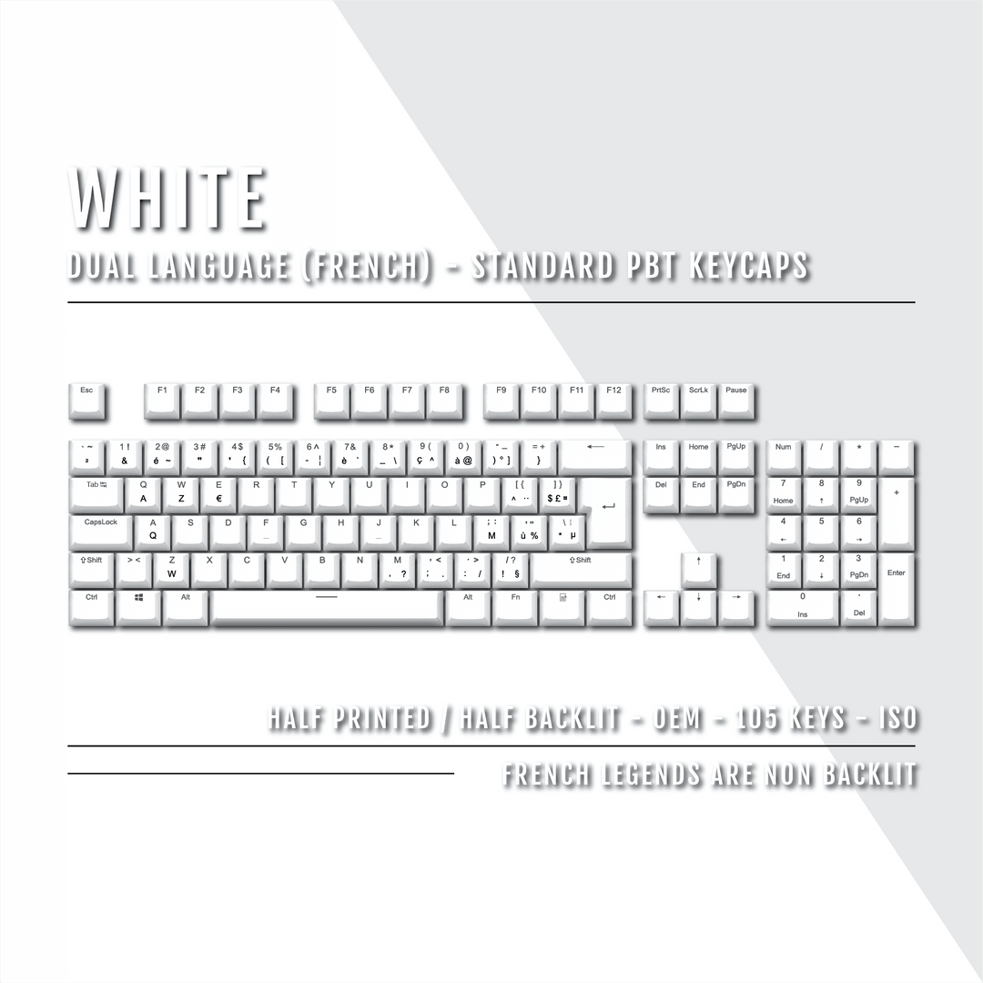 White PBT French Keycaps - ISO-FR - 100% Size - Dual Language Keycaps - kromekeycaps