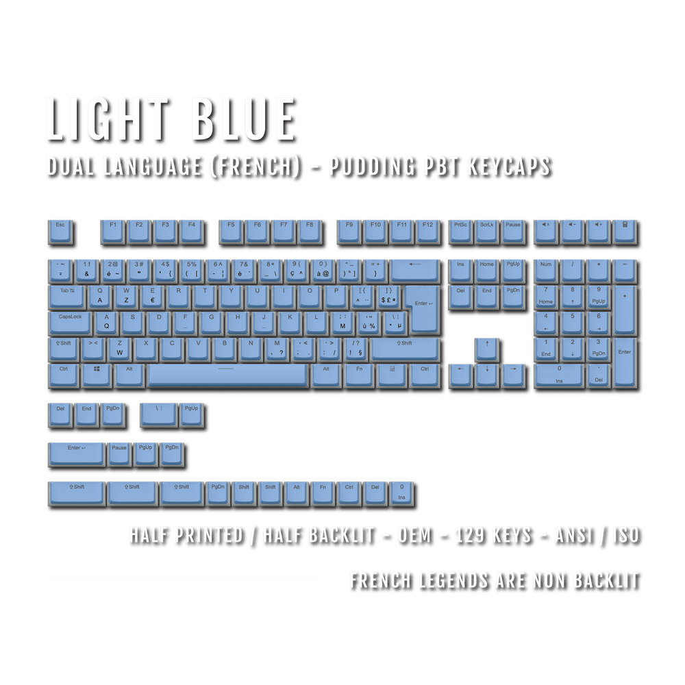 Light Blue French (ISO-FR) Dual Language PBT Pudding Keycaps Krome Keycaps LTD french