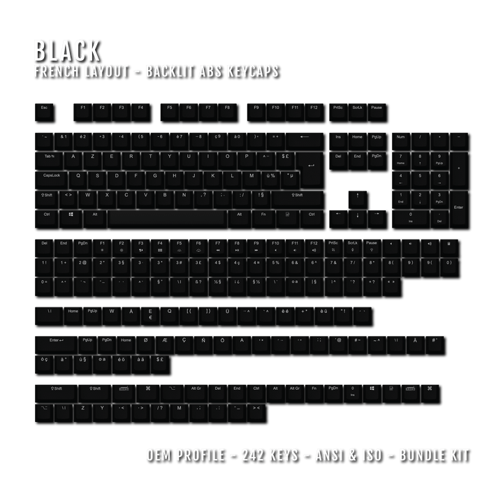 Black Backlit French Keycaps - ISO-FR - Windows & Mac - kromekeycaps