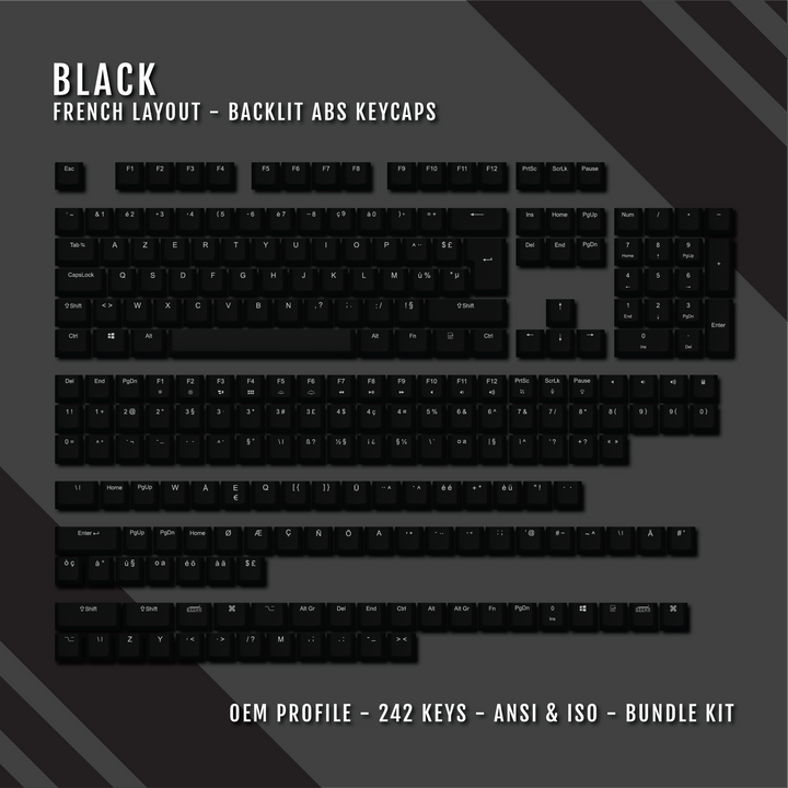 Black French (ISO-FR) Backlit ABS Keycaps for Windows & Mac Krome Keycaps LTD french