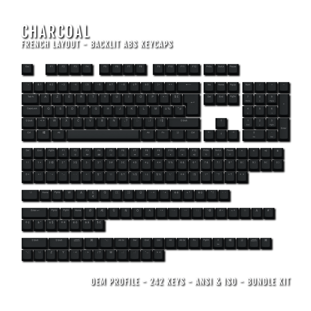 Charcoal Backlit French Keycaps - ISO-FR - Windows & Mac - kromekeycaps