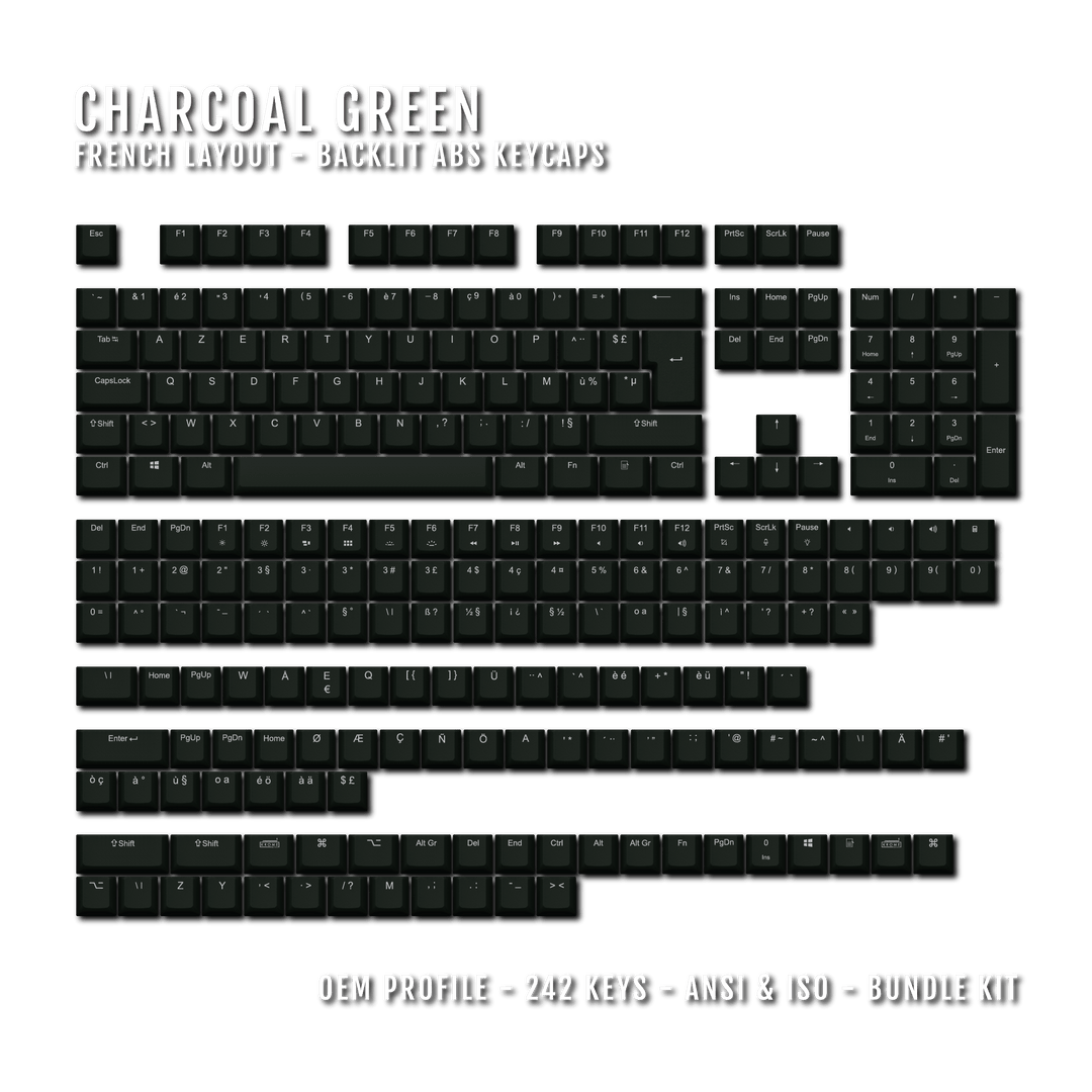 Charcoal Green Backlit French Keycaps - ISO-FR - Windows & Mac - kromekeycaps