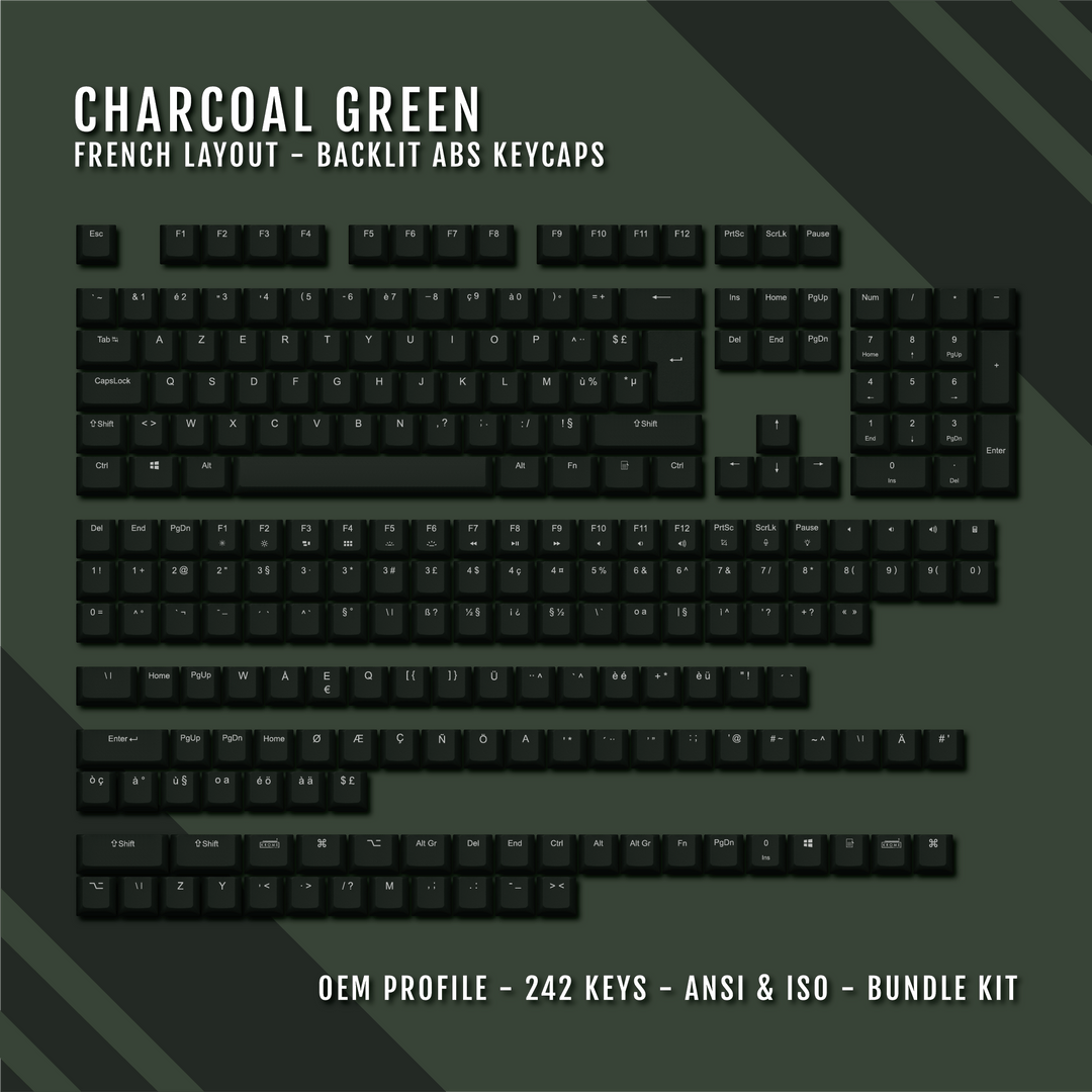 Charcoal Green French (ISO-FR) Backlit ABS Keycaps for Windows & Mac Krome Keycaps LTD french