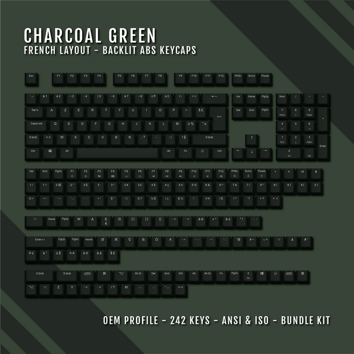 Charcoal Green French (ISO-FR) Backlit ABS Keycaps for Windows & Mac Krome Keycaps LTD french