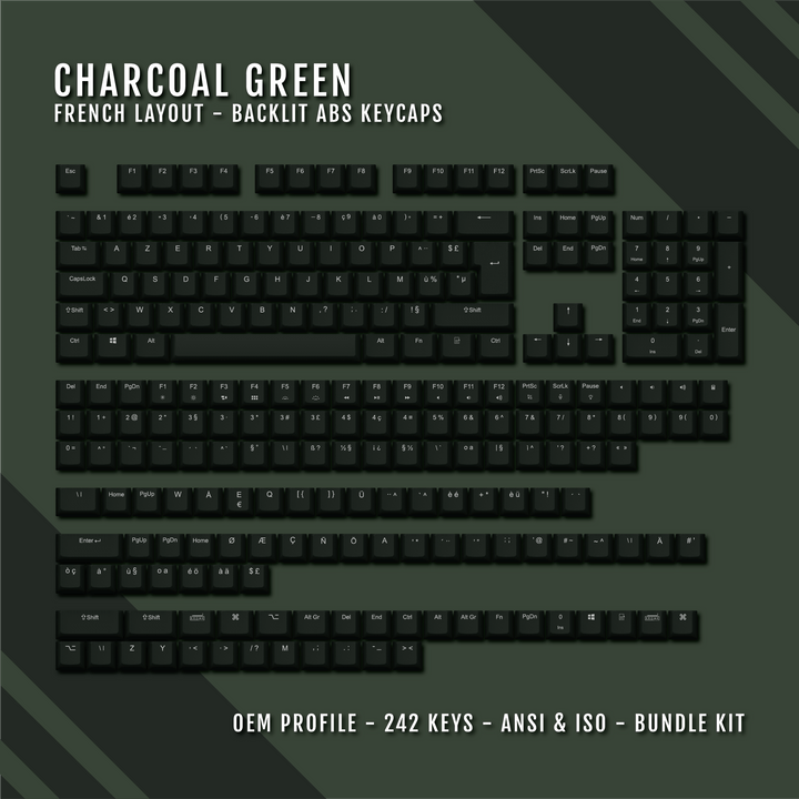 Charcoal Green Backlit French Keycaps - ISO-FR - Windows & Mac - kromekeycaps