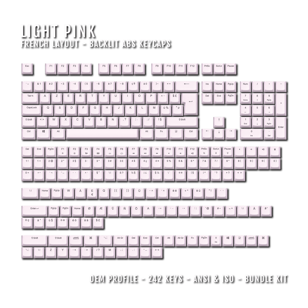 Light Pink French (ISO-FR) Backlit ABS Keycaps for Windows & Mac Krome Keycaps LTD french