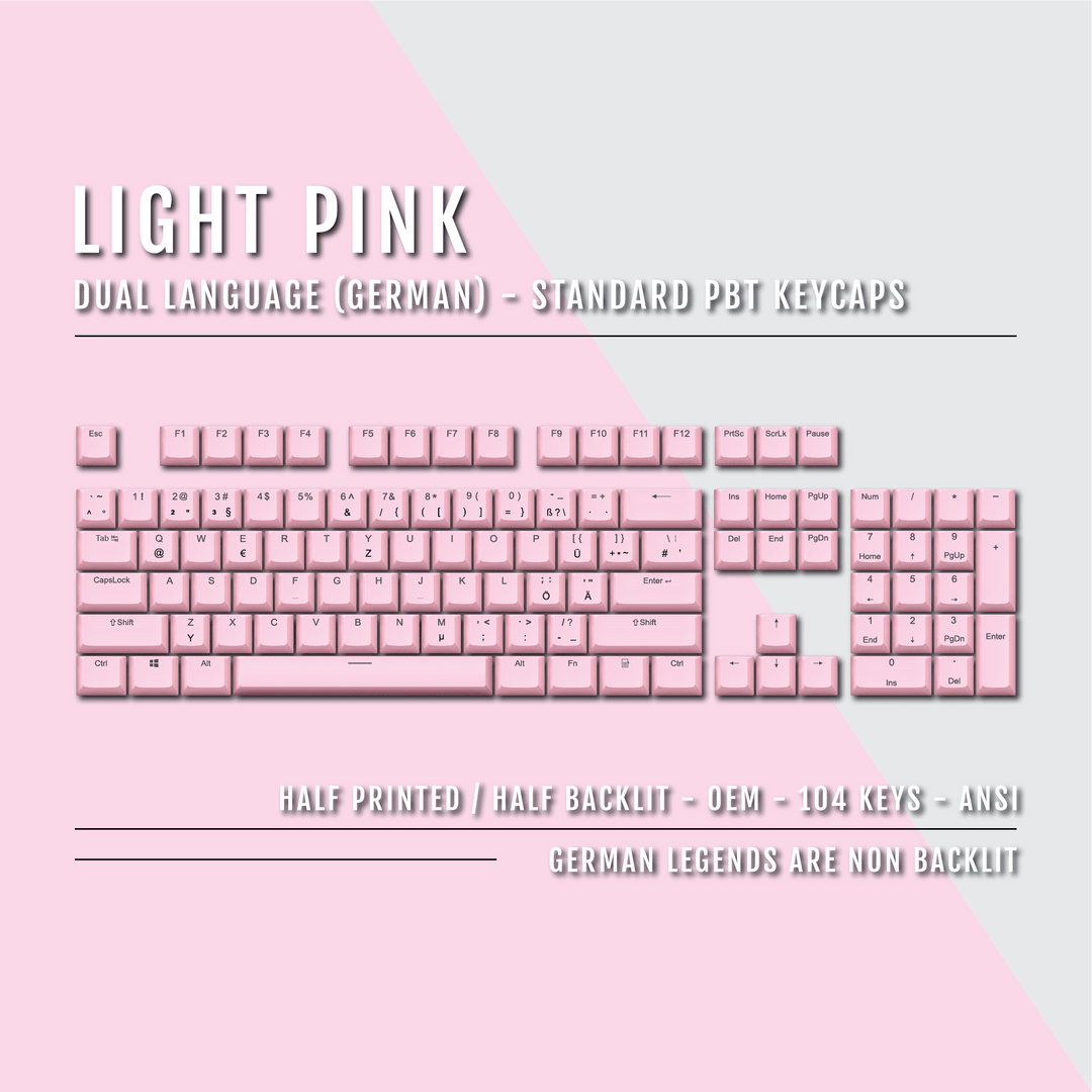 Light Pink PBT German Keycaps - ISO-DE - 100% Size - Dual Language Keycaps - kromekeycaps