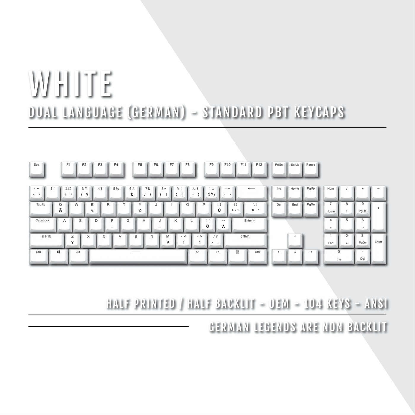 White PBT German Keycaps - ISO-DE - 100% Size - Dual Language Keycaps ...