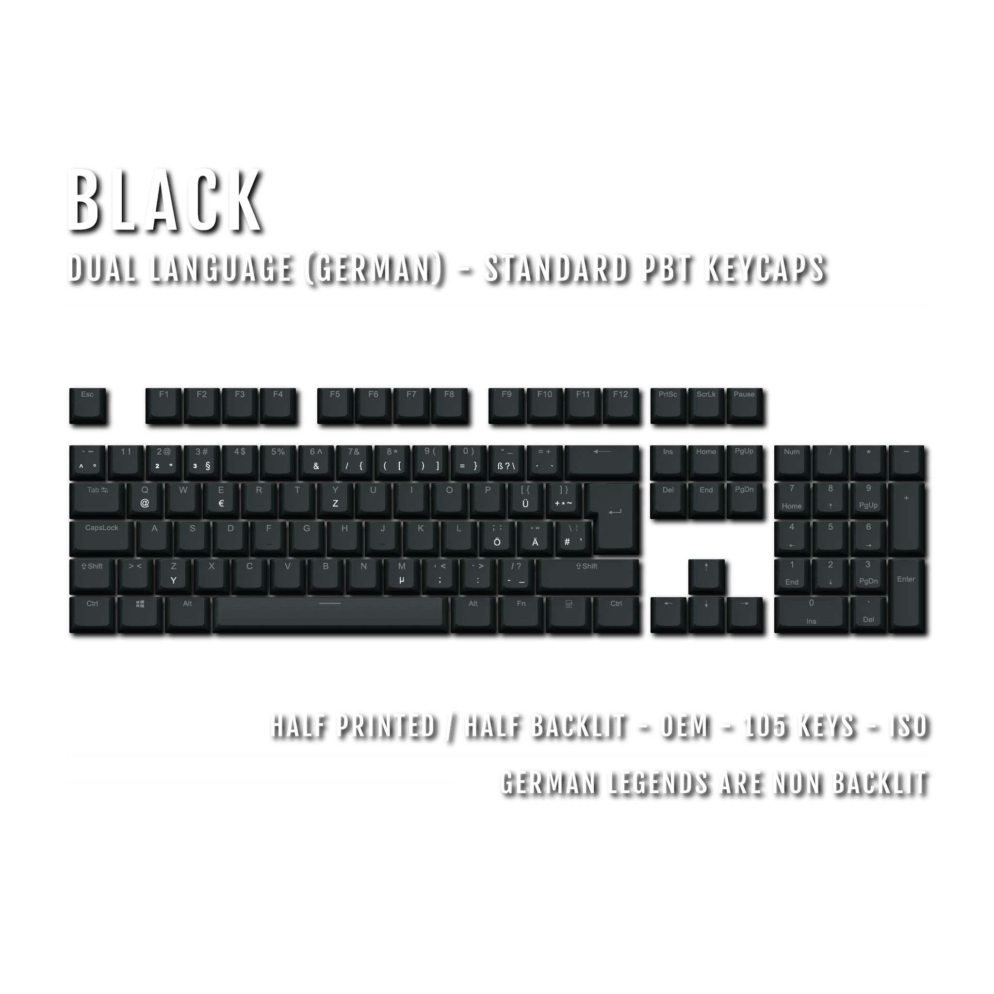 Black PBT German Keycaps - ISO-DE - 100% Size - Dual Language Keycaps ...