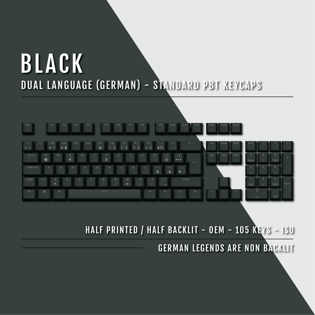 Black PBT German Keycaps - ISO-DE - 100% Size - Dual Language Keycaps - kromekeycaps