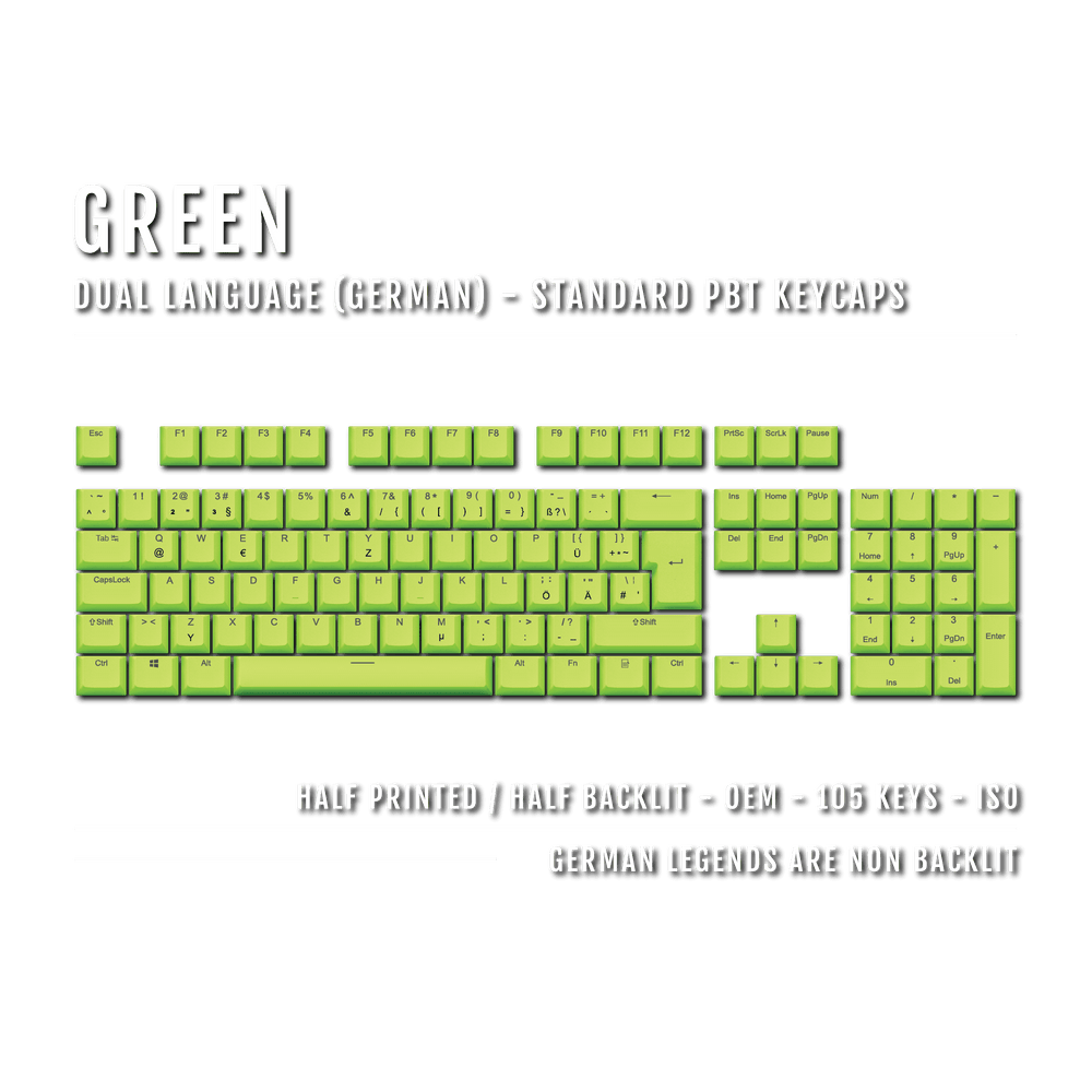 Green PBT German Keycaps - ISO-DE - 100% Size - Dual Language Keycaps - kromekeycaps