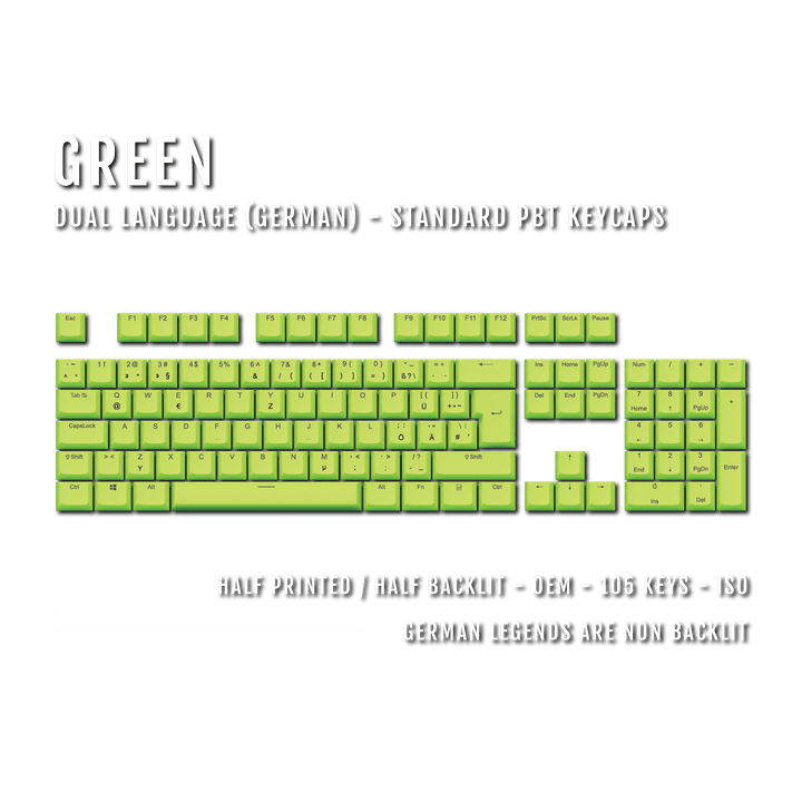 Green PBT German Keycaps - ISO-DE - 100% Size - Dual Language Keycaps - kromekeycaps