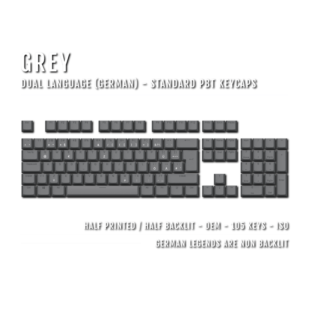 Grey PBT German Keycaps - ISO-DE - 100% Size - Dual Language Keycaps - kromekeycaps