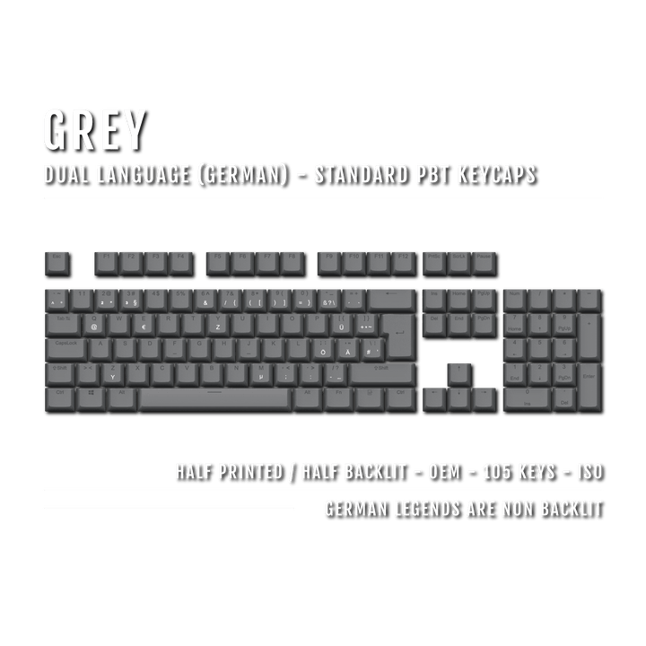 Grey PBT German Keycaps - ISO-DE - 100% Size - Dual Language Keycaps - kromekeycaps