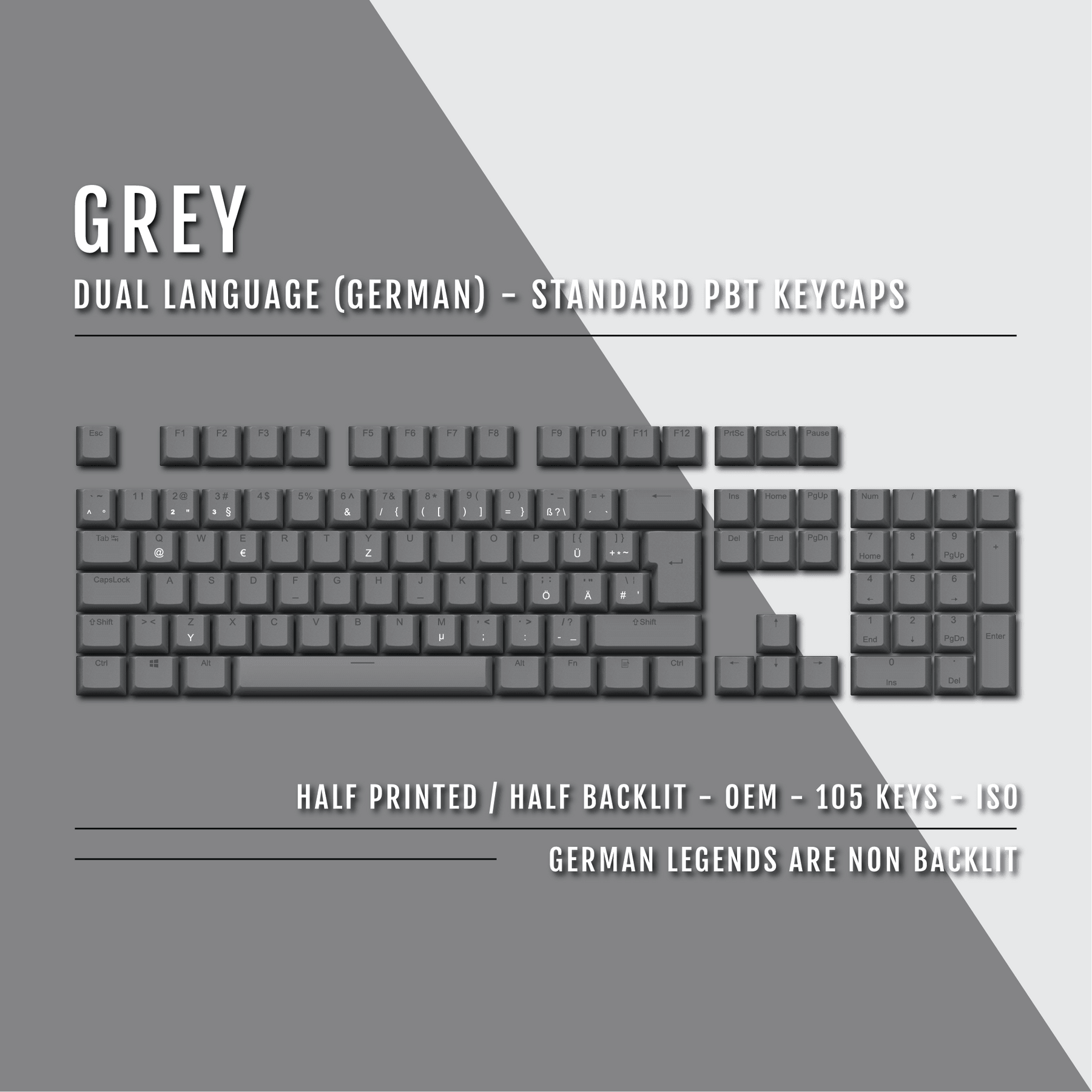 Grey PBT German Keycaps - ISO-DE - 100% Size - Dual Language Keycaps ...