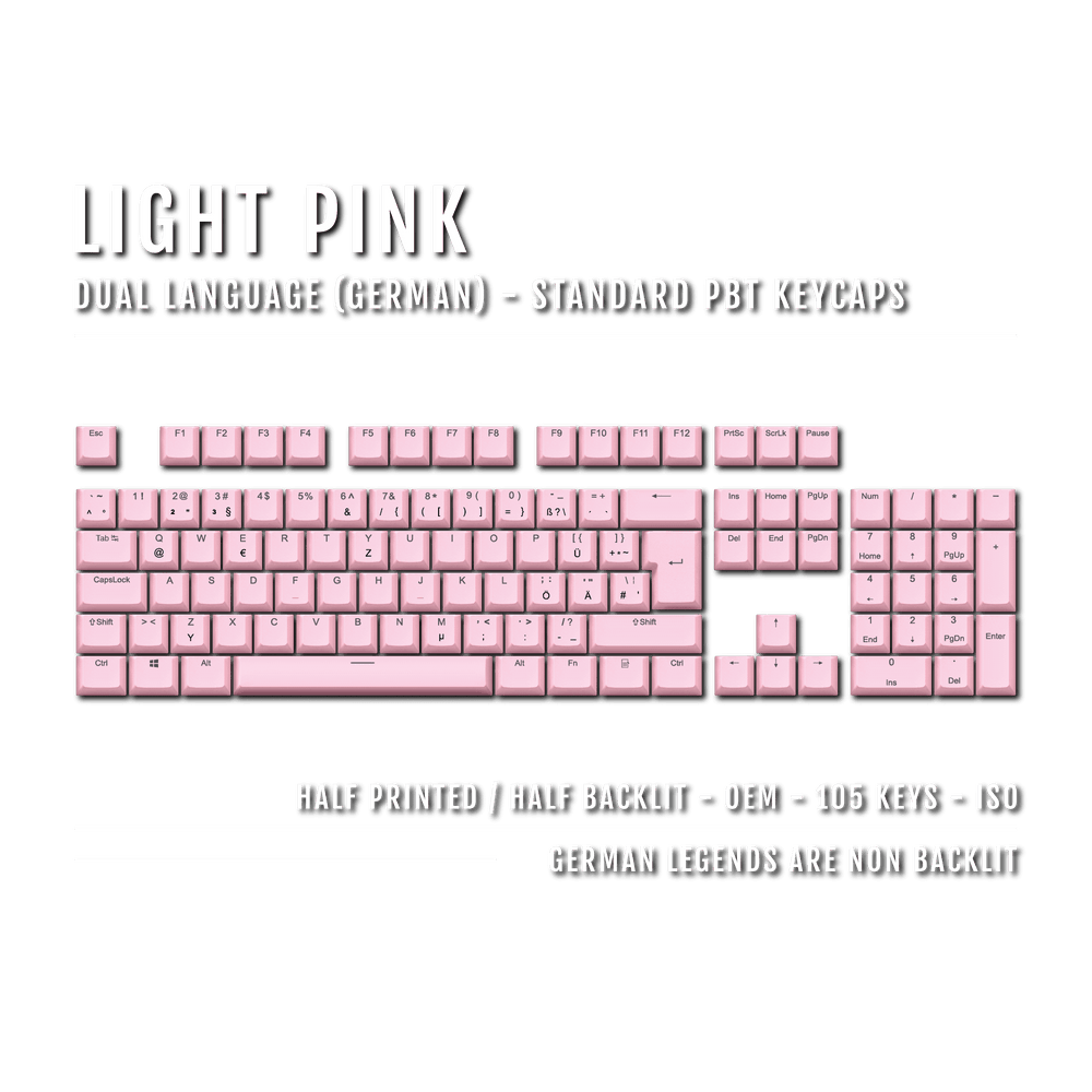 Light Pink PBT German Keycaps - ISO-DE - 100% Size - Dual Language Keycaps - kromekeycaps