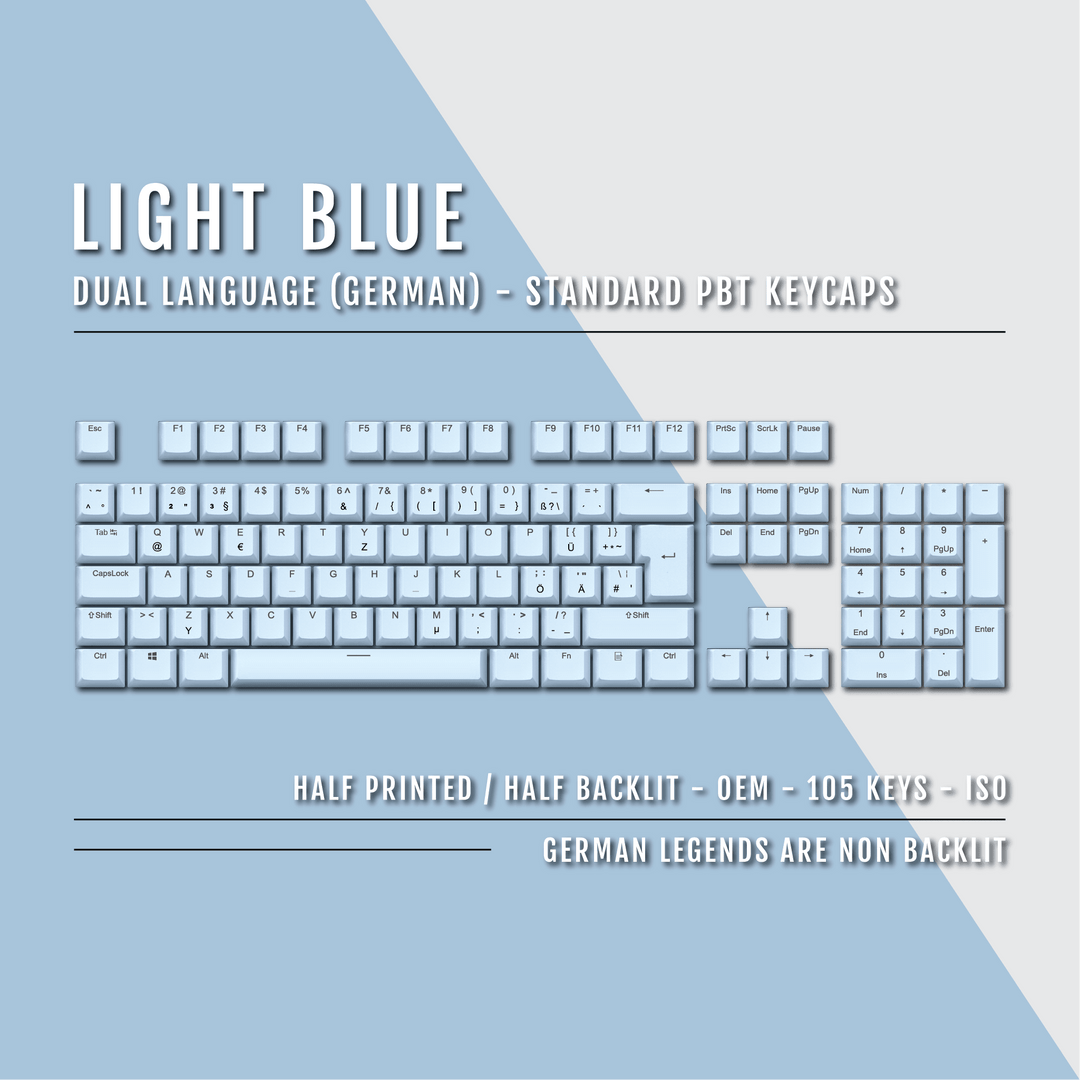 Light Blue PBT German Keycaps - ISO-DE - 100% Size - Dual Language Keycaps - kromekeycaps