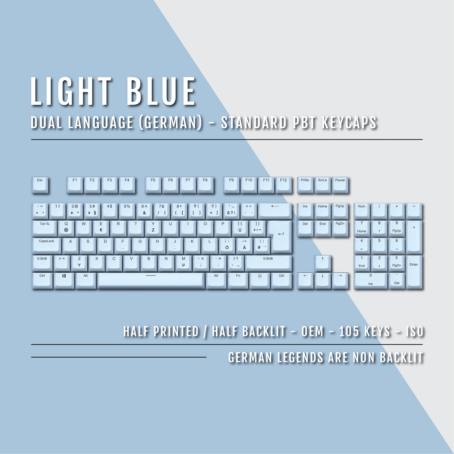 Light Blue PBT German Keycaps - ISO-DE - 100% Size - Dual Language Key ...