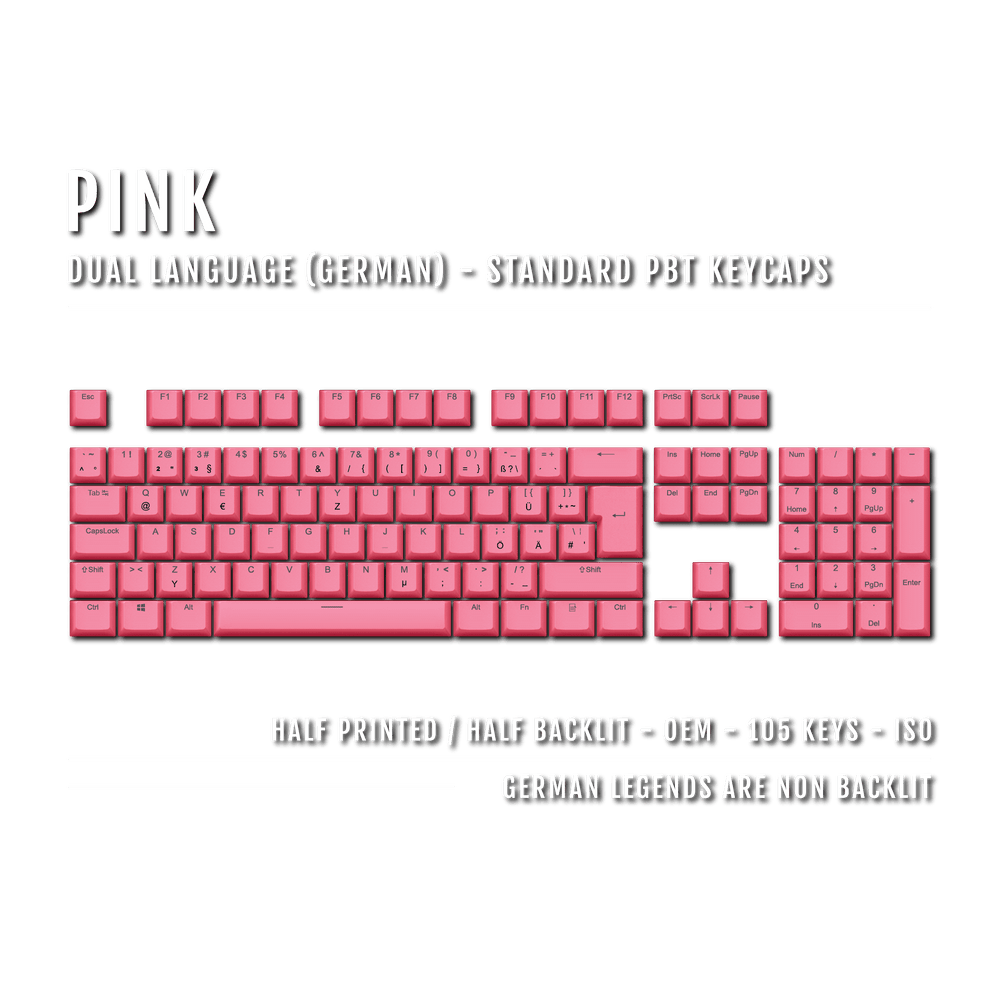 Pink PBT German Keycaps - ISO-DE - 100% Size - Dual Language Keycaps - kromekeycaps