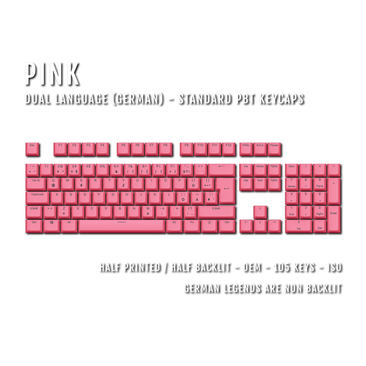 Pink PBT German Keycaps - ISO-DE - 100% Size - Dual Language Keycaps - kromekeycaps