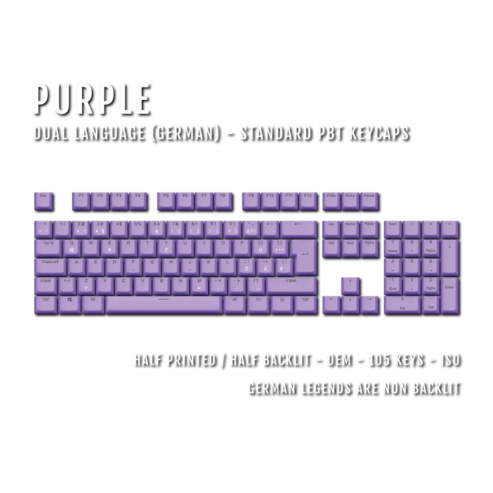 Purple PBT German Keycaps - ISO-DE - 100% Size - Dual Language Keycaps - kromekeycaps