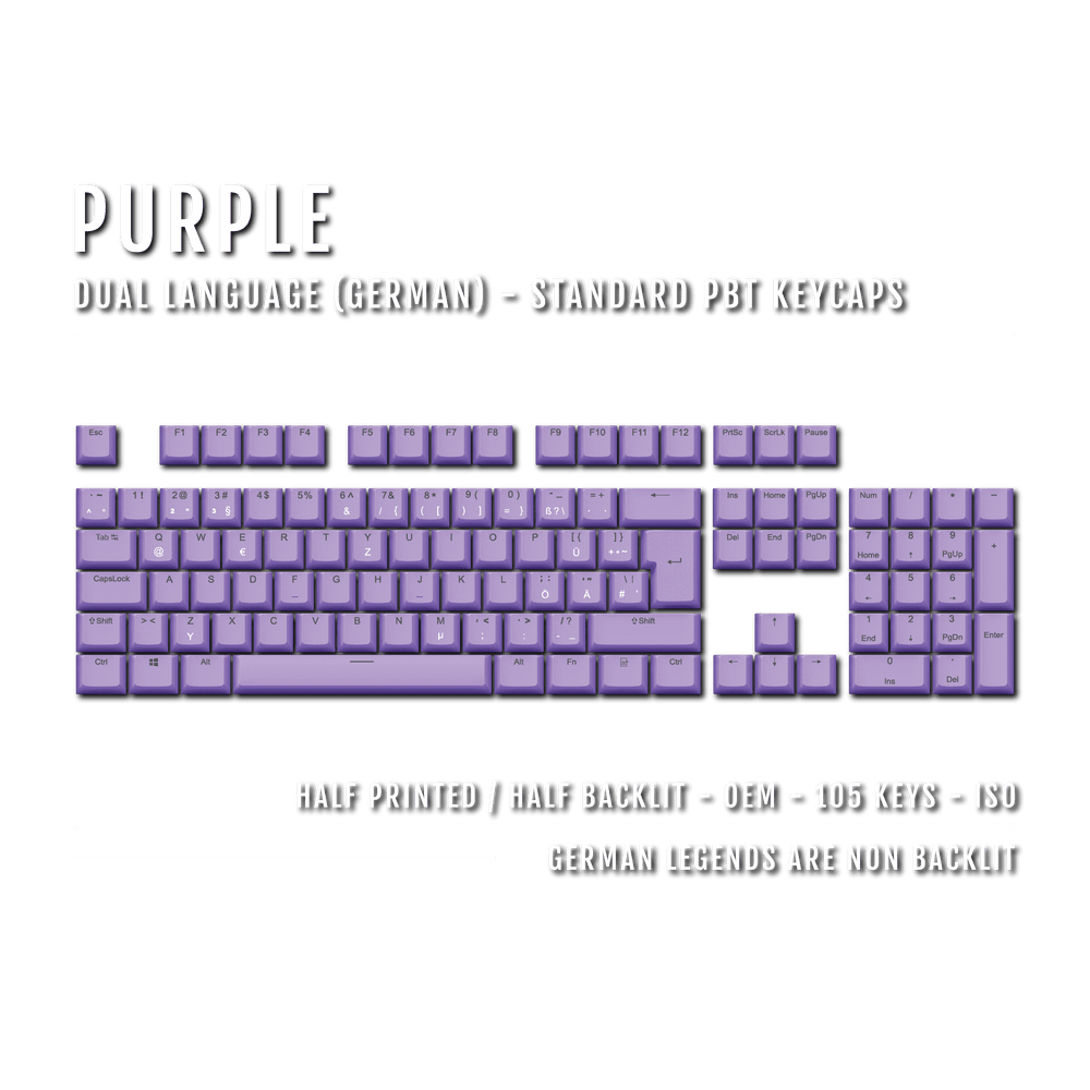 Purple PBT German Keycaps - ISO-DE - 100% Size - Dual Language Keycaps - kromekeycaps