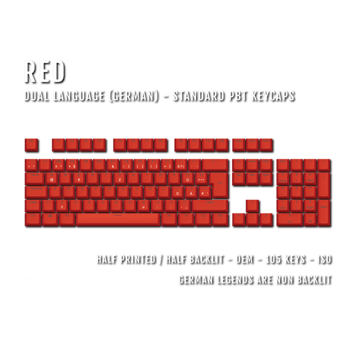 Red PBT German Keycaps - ISO-DE - 100% Size - Dual Language Keycaps - kromekeycaps