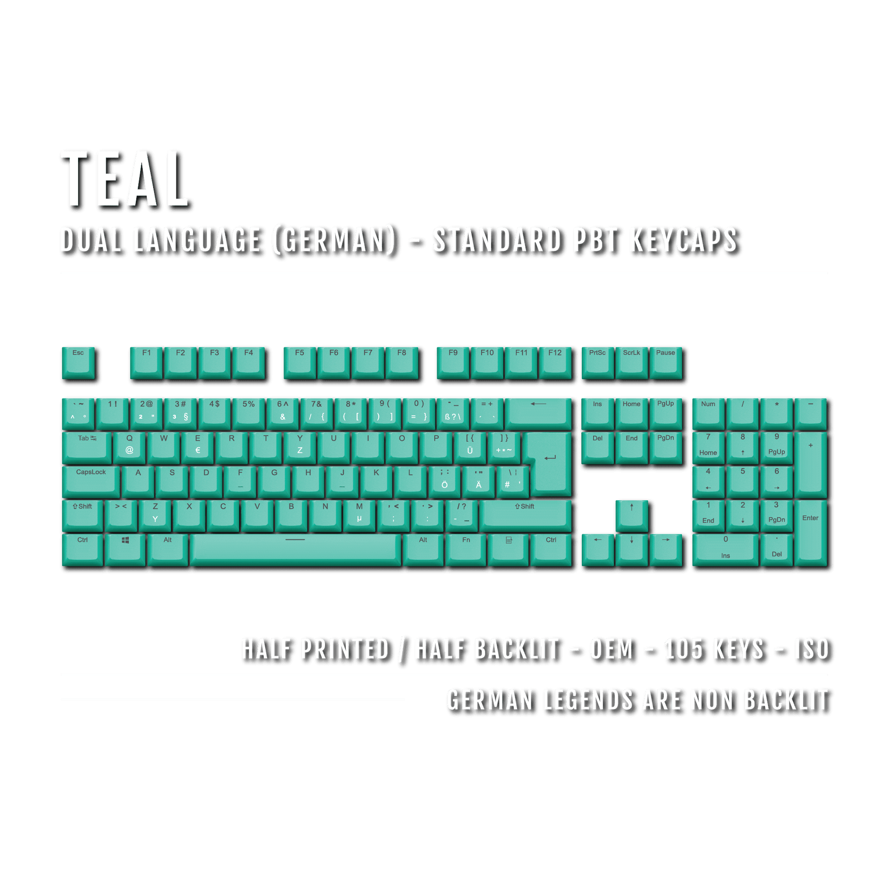 Teal PBT German Keycaps - ISO-DE - 100% Size - Dual Language Keycaps ...