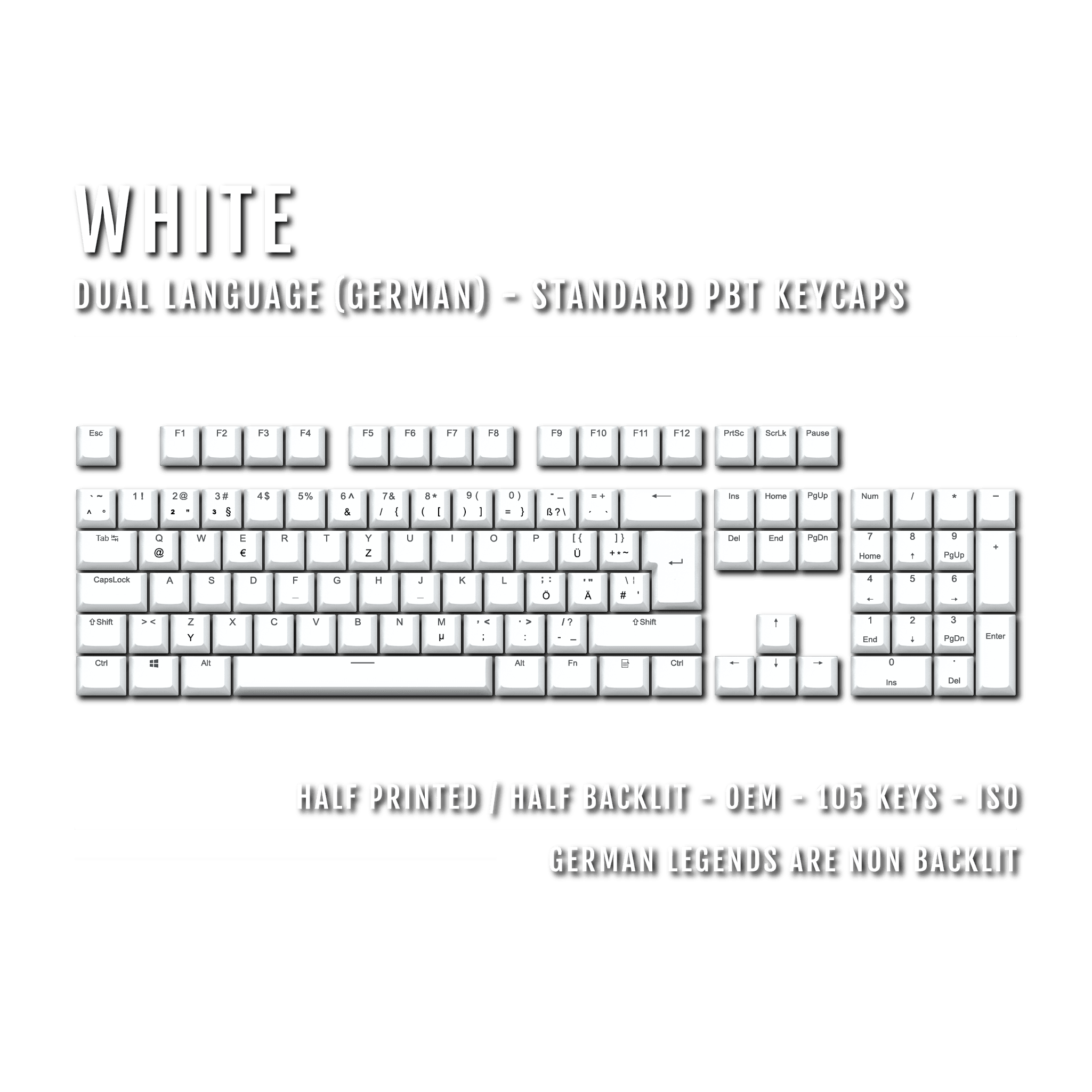 White PBT German Keycaps - ISO-DE - 100% Size - Dual Language Keycaps ...