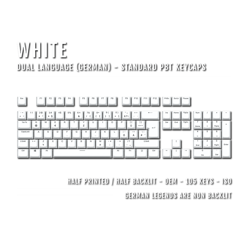 White PBT German Keycaps - ISO-DE - 100% Size - Dual Language Keycaps - kromekeycaps