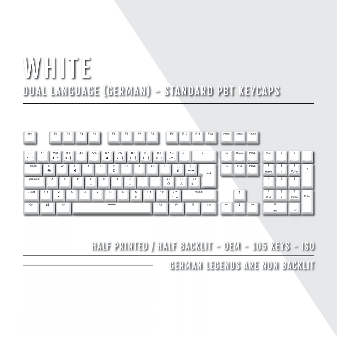 White PBT German Keycaps - ISO-DE - 100% Size - Dual Language Keycaps - kromekeycaps
