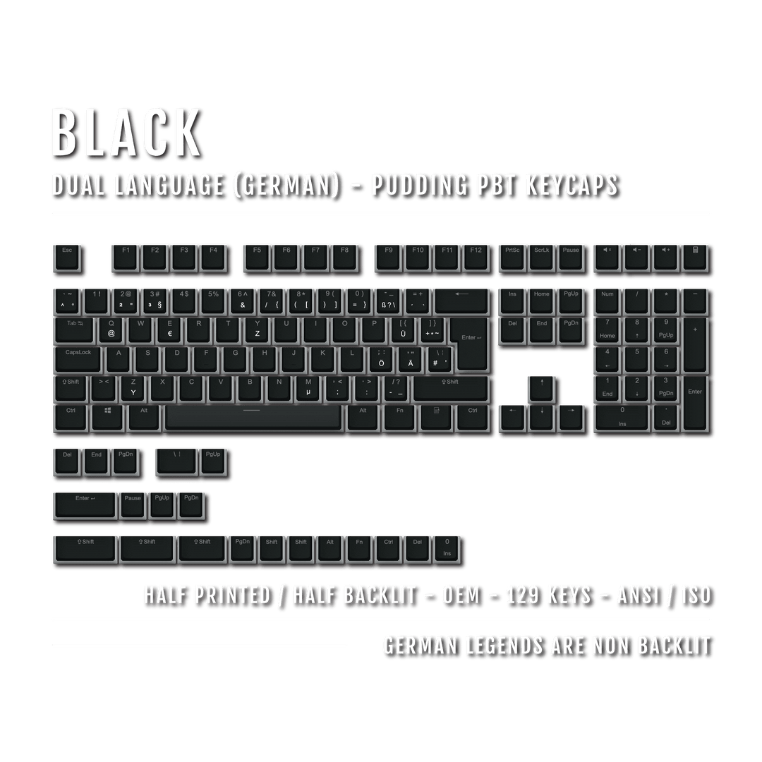 Black German (ISO-DE) Dual Language PBT Pudding Keycaps