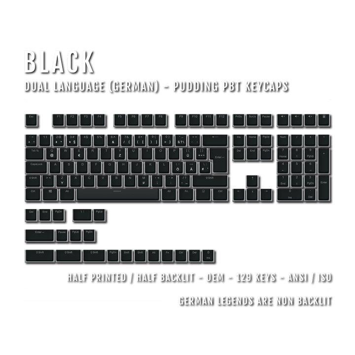 Black German (ISO-DE) Dual Language PBT Pudding Keycaps