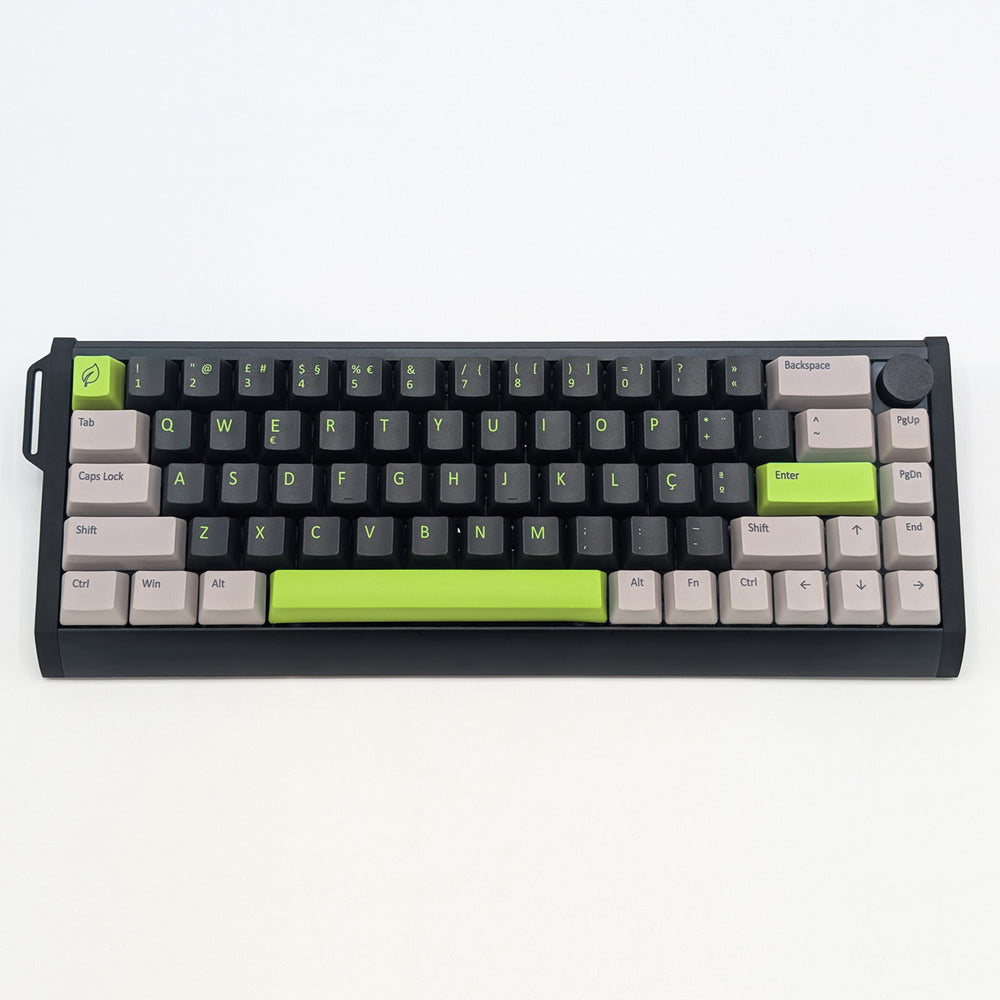 GREEN MACHINE QWERTY PBT keycaps on a mechanical keyboard, featuring OEM profile keys with Grey/Black/Charcoal, Grey and Green Keycaps