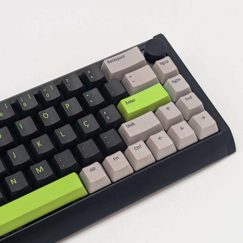 Side shot of GREEN MACHINE QWERTY PBT keycaps on a mechanical keyboard, featuring OEM profile keys with Grey/Black/Charcoal, Grey and Green Keycaps