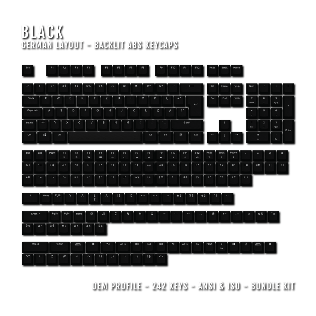 Black Backlit German Keycaps - ISO-DE - Windows & Mac - kromekeycaps