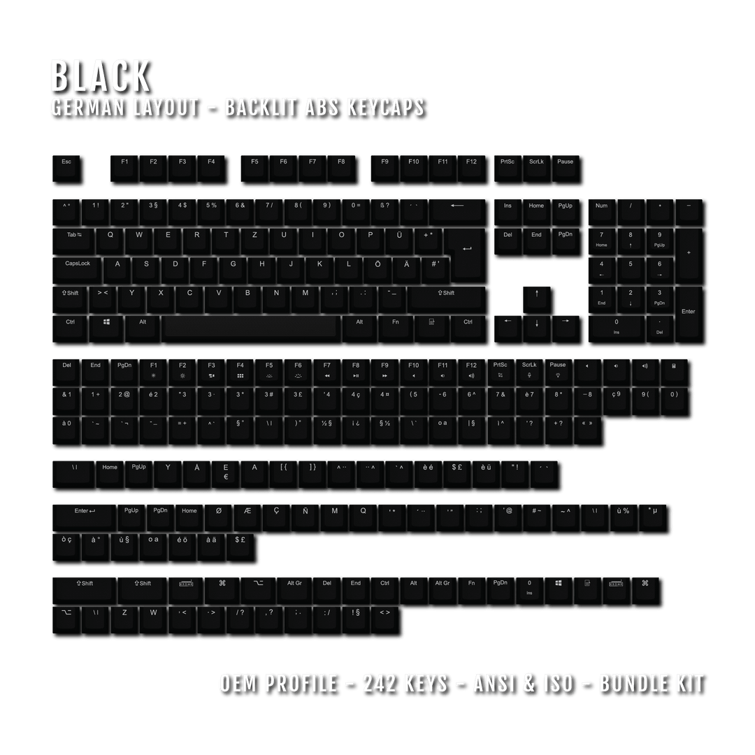 Black German (ISO-DE) Backlit ABS Keycaps for Windows & Mac Krome Keycaps LTD german