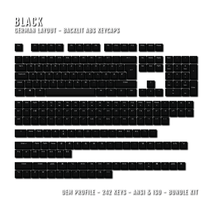 Black Backlit German Keycaps - ISO-DE - Windows & Mac - kromekeycaps