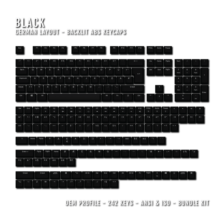 Black German (ISO-DE) Backlit ABS Keycaps for Windows & Mac Krome Keycaps LTD german