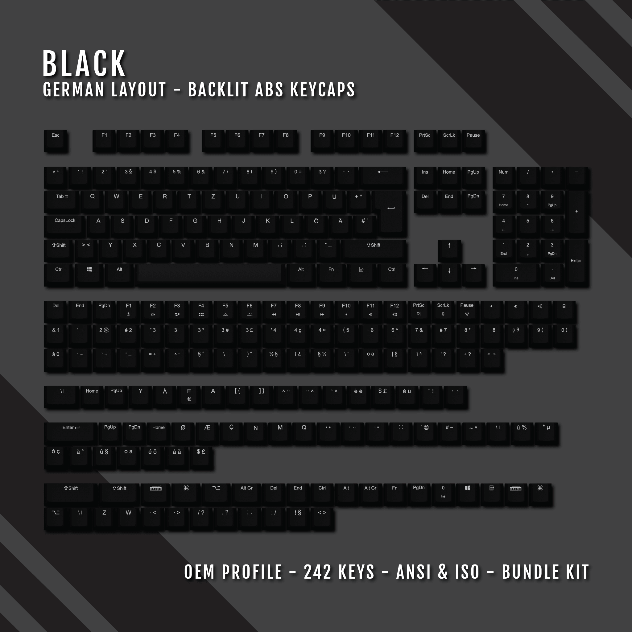 Black German (ISO-DE) Backlit ABS Keycaps for Windows & Mac – Krome ...